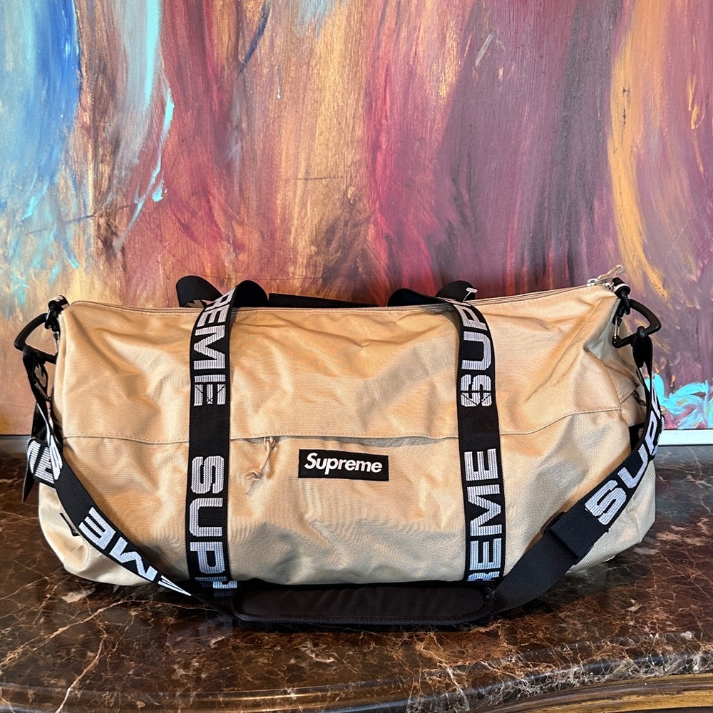 Supreme Beige Duffel Bag with Black Accents